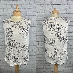 100% Linen Floral White & Black Flowy Brende Blouse Made in Portugal Size M